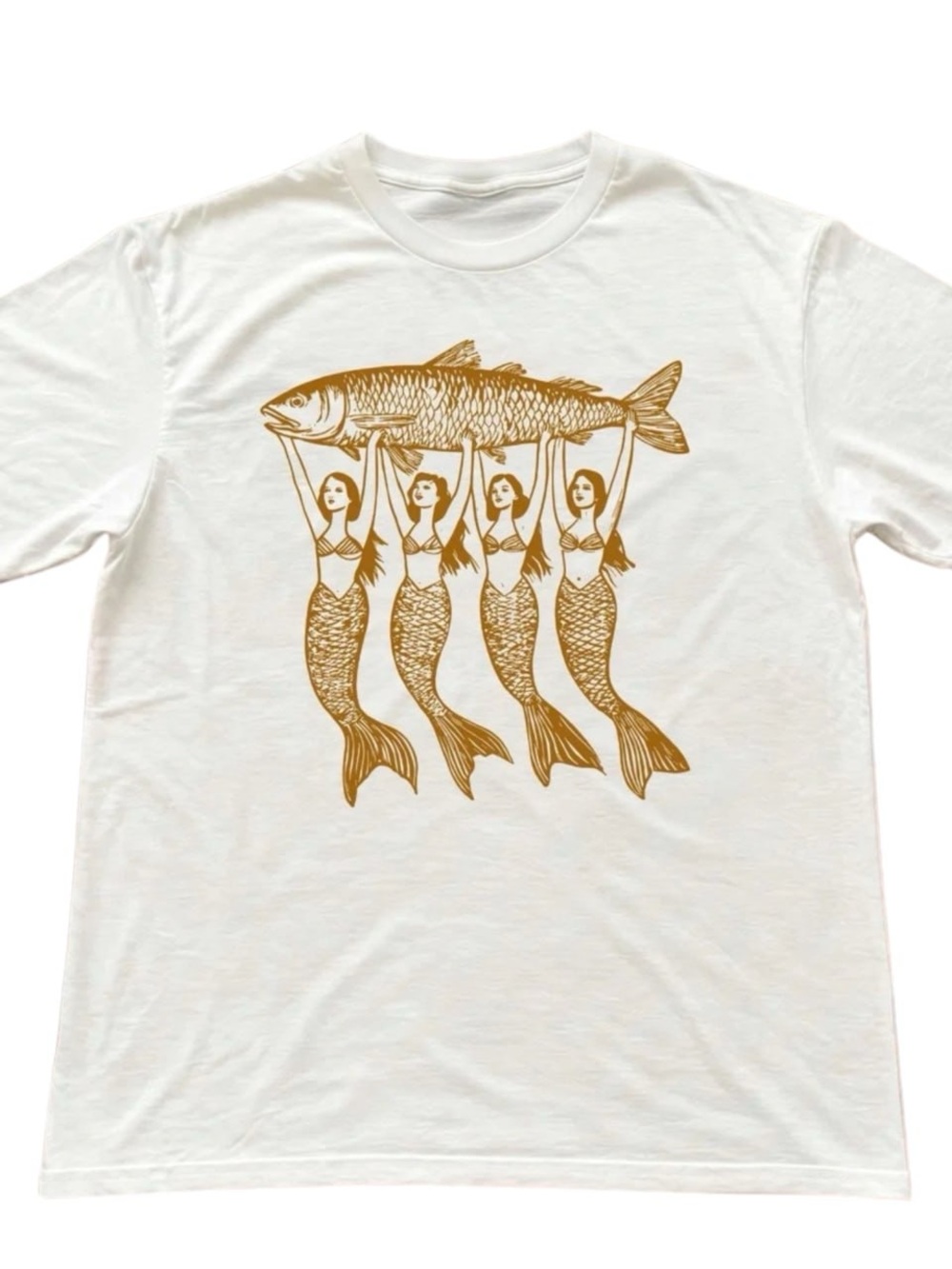 Gildan White Tee with Gold Mermaid-and-Fish Graphic